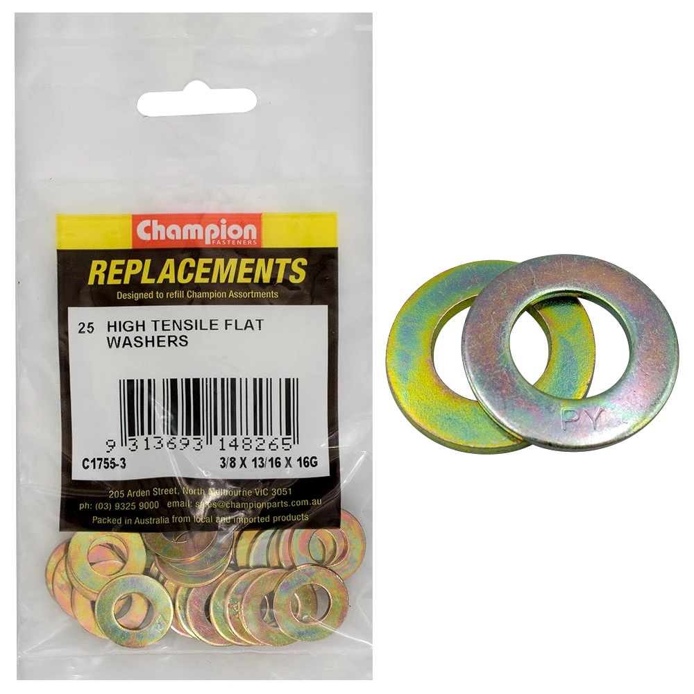Champion 3/8in x 13/16in x 16G Ht Flat Steel Washer(Zn)-25pk