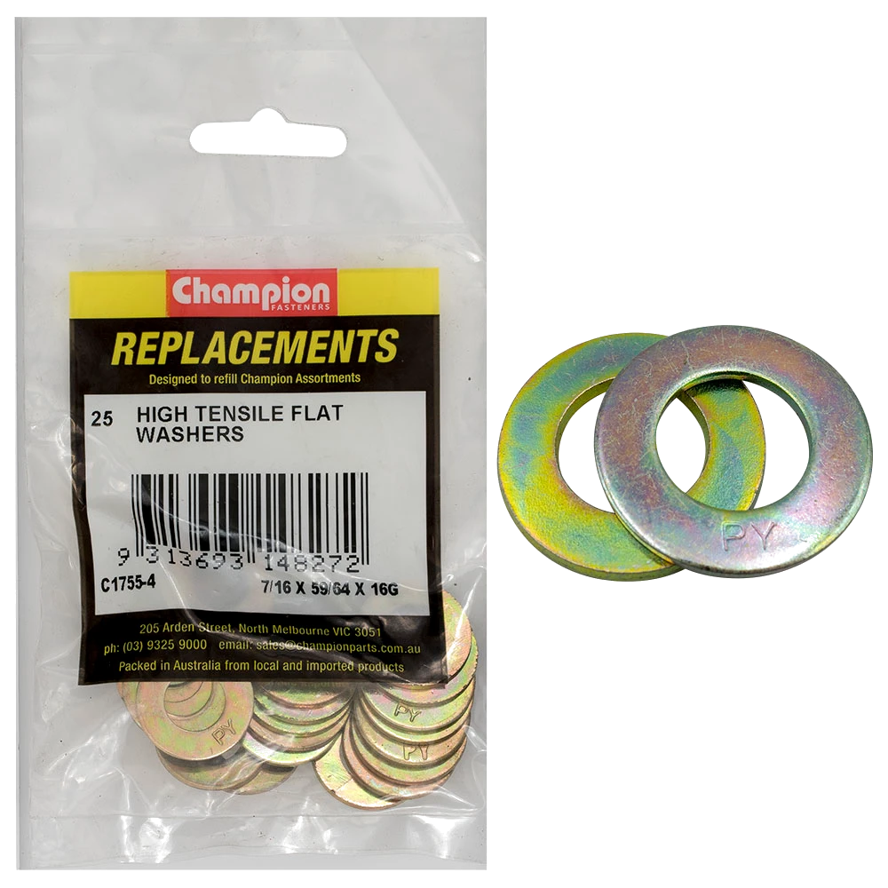 Champion 7/16 x 59/64in x 16G Ht Flat Steel Washer (Zn)-25pk