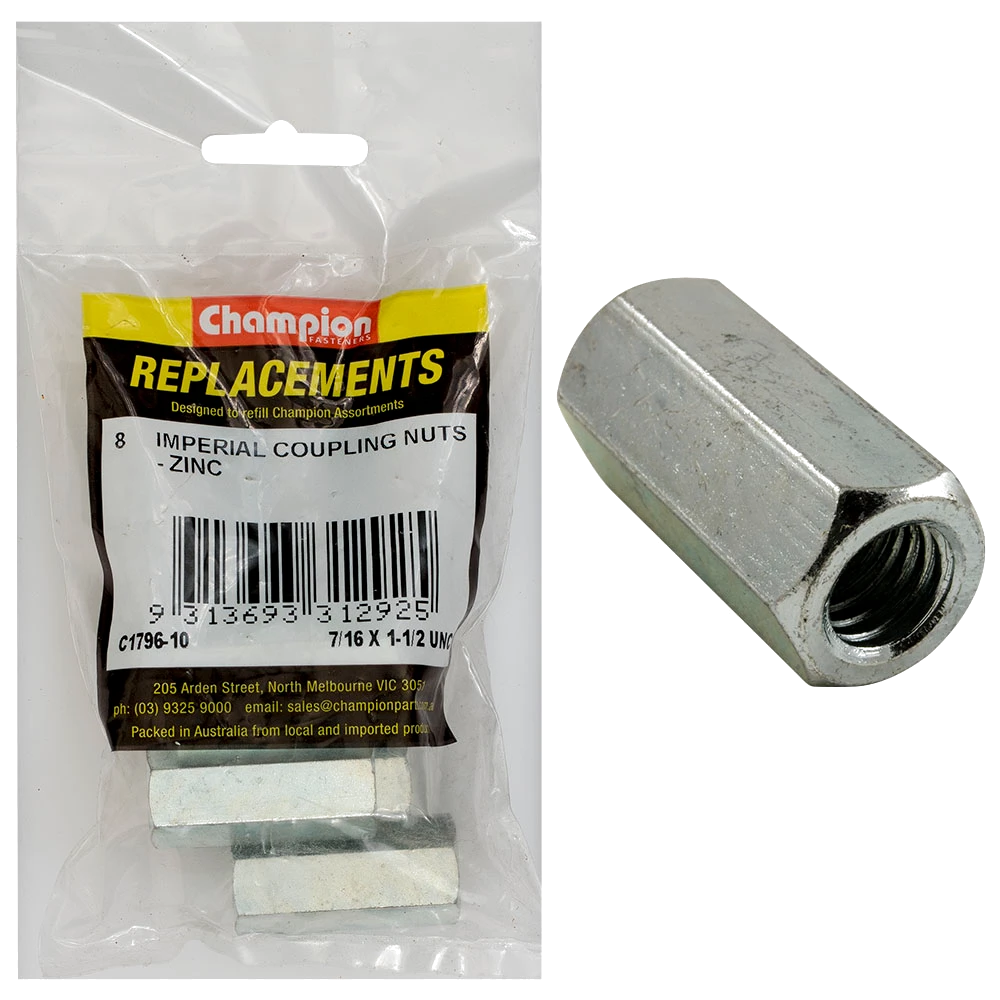 Champion 7/16in x 1-1/2in UNC Hex Coupler Nut -8pk