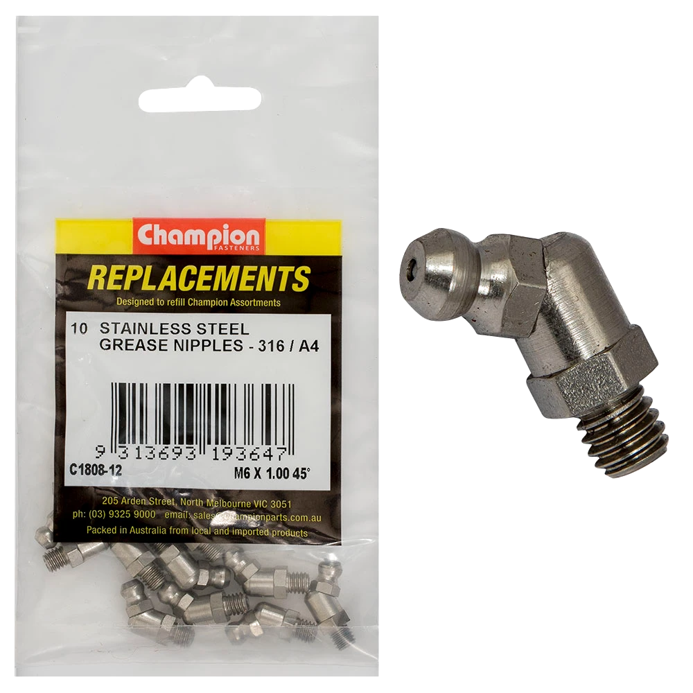 Champion Grease Nipple Stainless M6 x1.00 45Deg. 316/A4-10pk