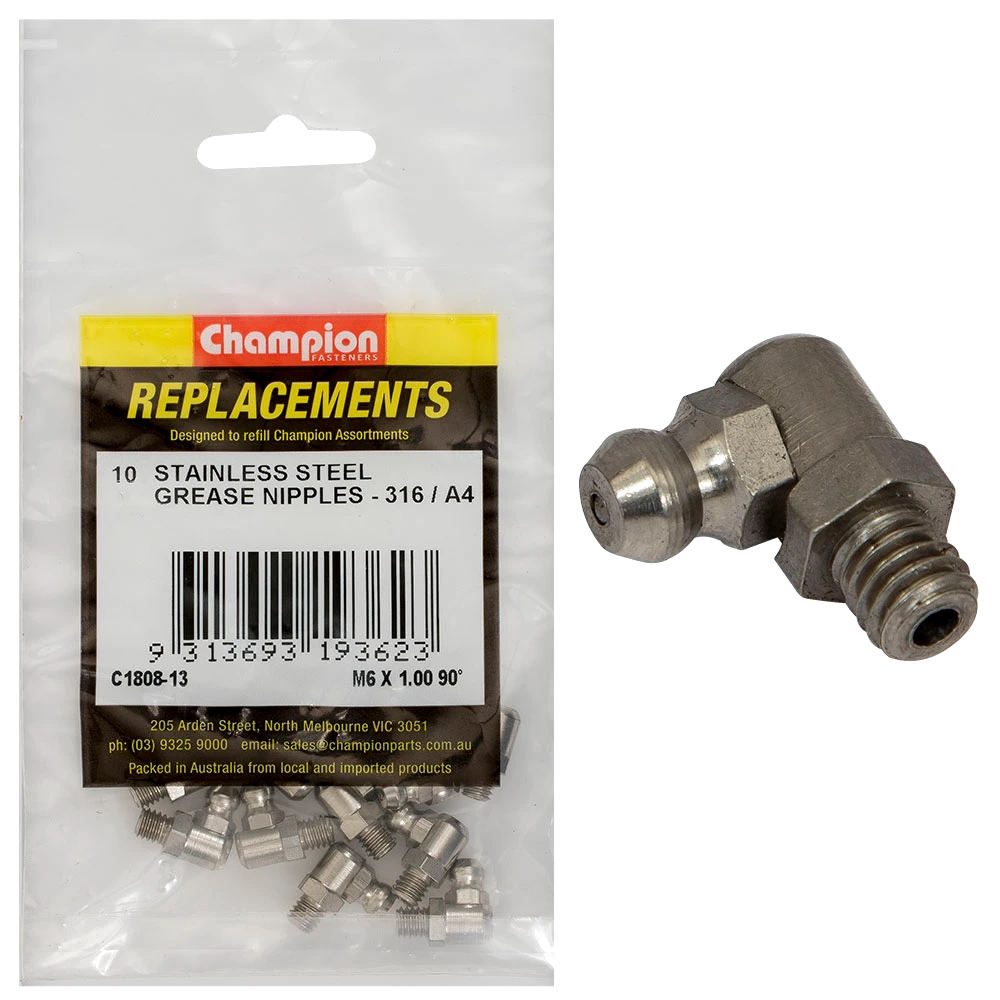 Champion Grease Nipple Stainless M6 x1.00 90Deg. 316/A4-10pk