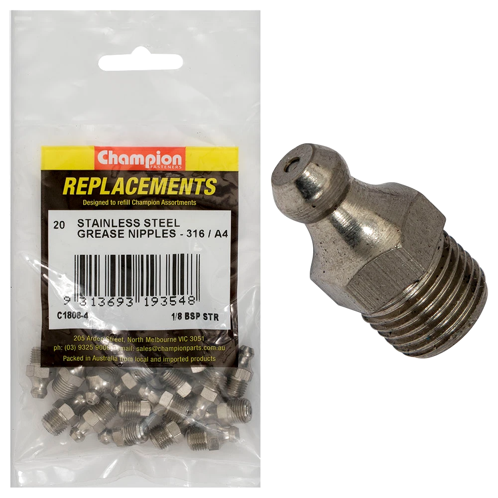 Champion Grease Nipple Stainless 1/8in BSP Str 316/A4 -20pk