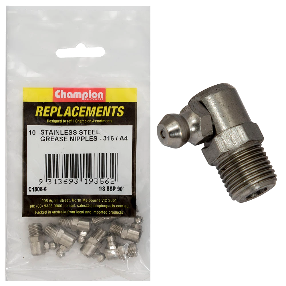 Champion Grease Nipple Stainless 1/8in BSP 90Deg.316/A4-10pk