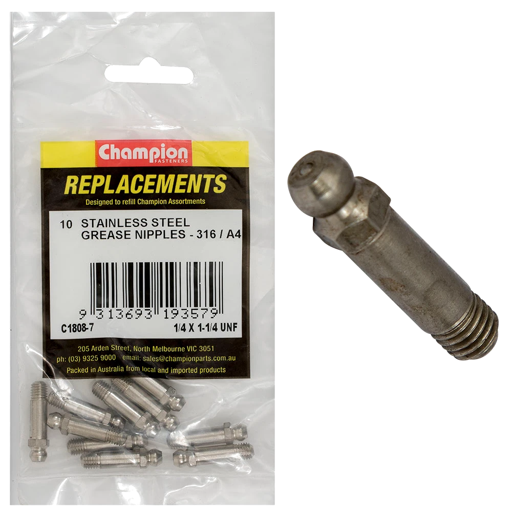 Champion Grease Nipple Stainless 1/4 x 1-1/4in 316/A4 - 10pk