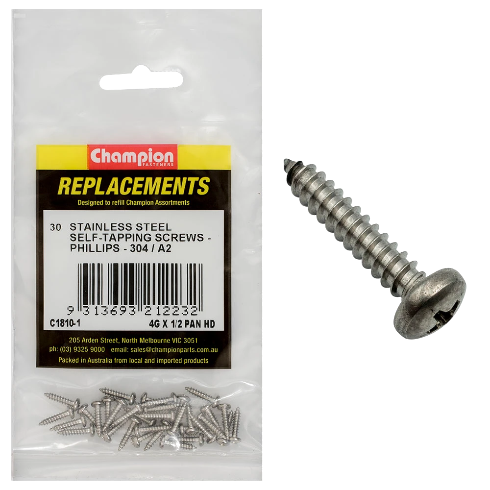 Champion 4G x 1/2 S/Tappg Screw Pan Hd Phillips 304/A2 -30pk