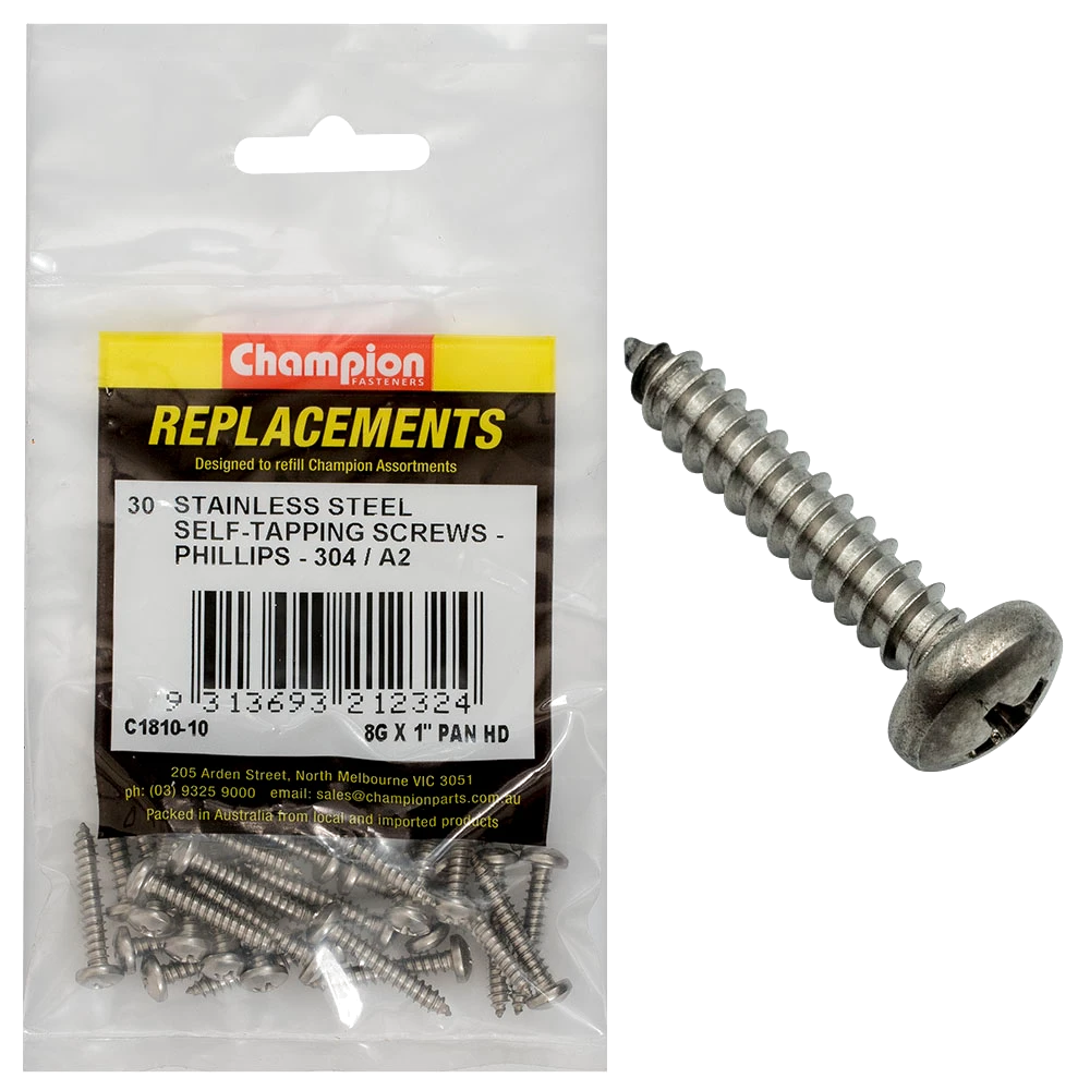 Champion 8G x1in S/Tapping Screw Pan Hd Phillips 304/A2-30pk