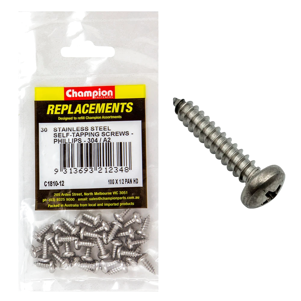 Champion 10G x 1/2in S/Tapping Screw Pan Hd Phillips 304/A2