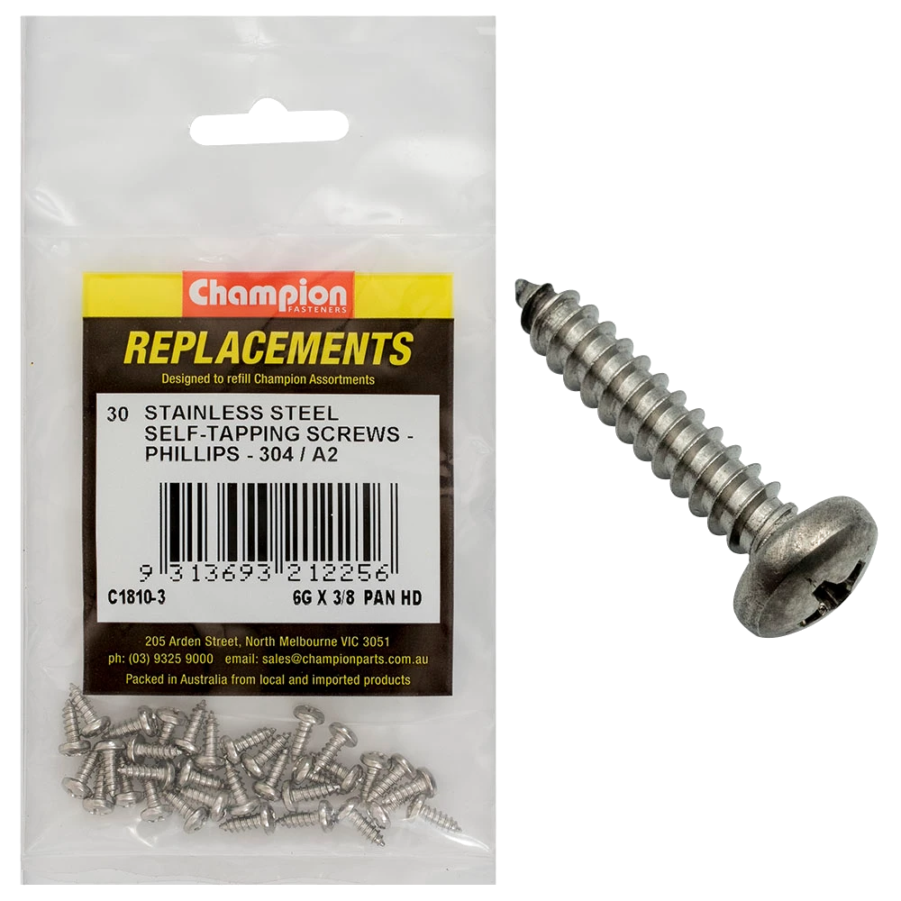 Champion 6G x 3/8 S/Tappg Screw Pan Hd Phillips 304/A2 -30pk