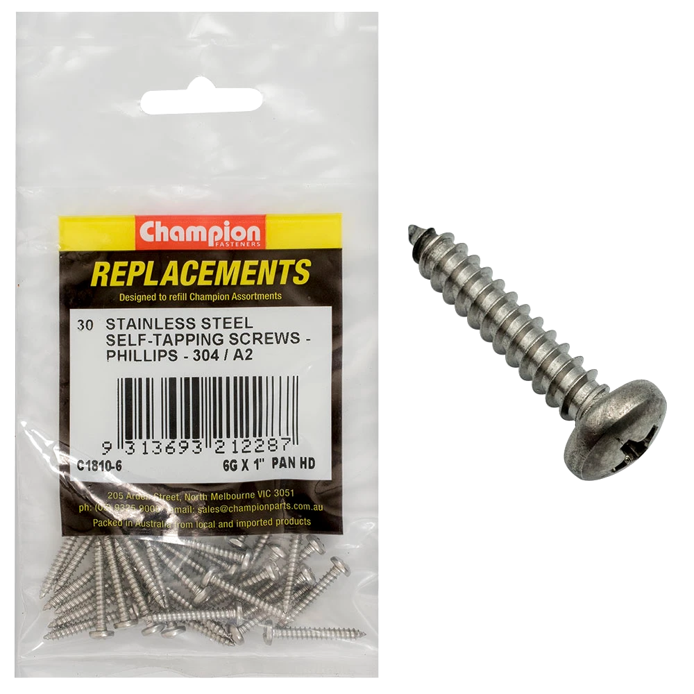 Champion 6G x1in S/Tapping Screw Pan Hd Phillips 304/A2-30pk