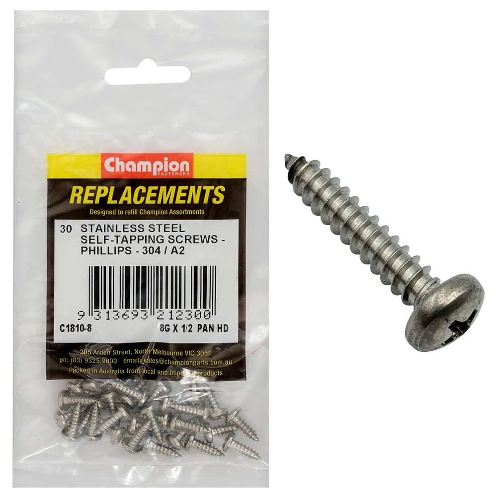 Champion 8G x 1/2 S/Tappg Screw Pan Hd Phillips 304/A2 -30pk