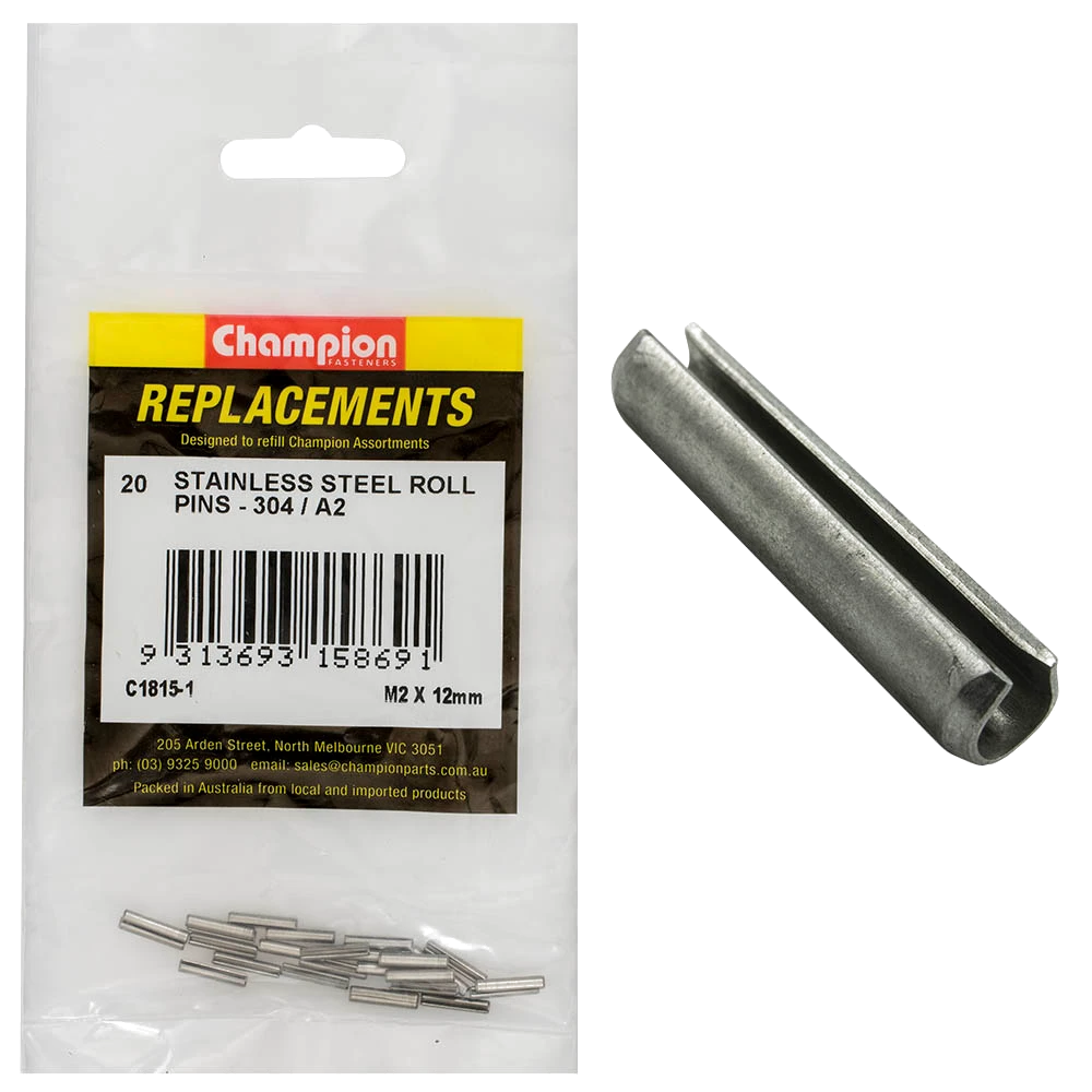 Champion 2mm x 12mm Stainless Roll Pin 304/A2 -20pk