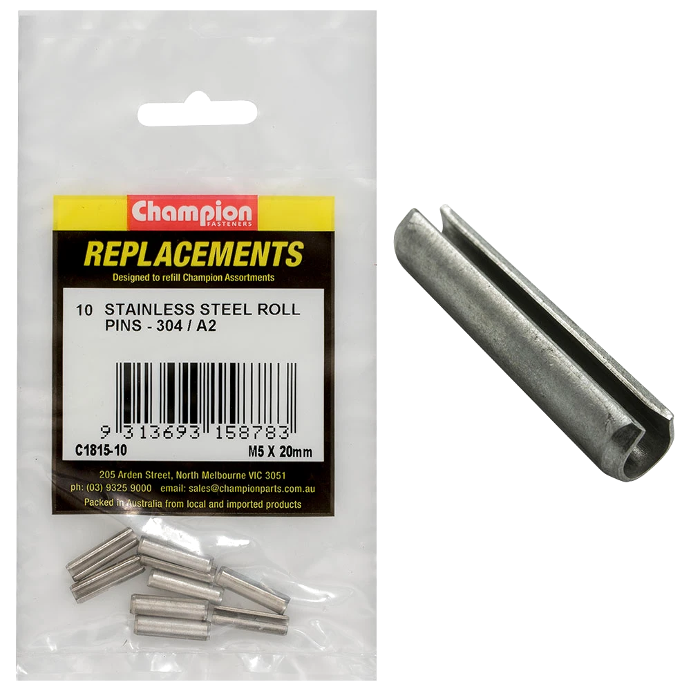 Champion 5mm x 20mm Stainless Roll Pin 304/A2 -10pk