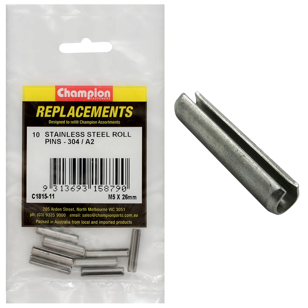 Champion 5mm x 26mm Stainless Roll Pin 304/A2 -10pk