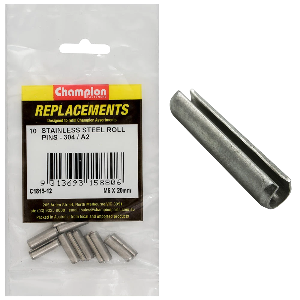 Champion 6mm x 20mm Stainless Roll Pin 304/A2 -10pk