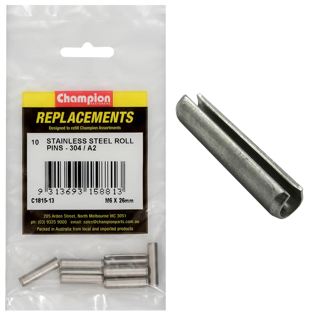 Champion 6mm x 26mm Stainless Roll Pin 304/A2 -10pk