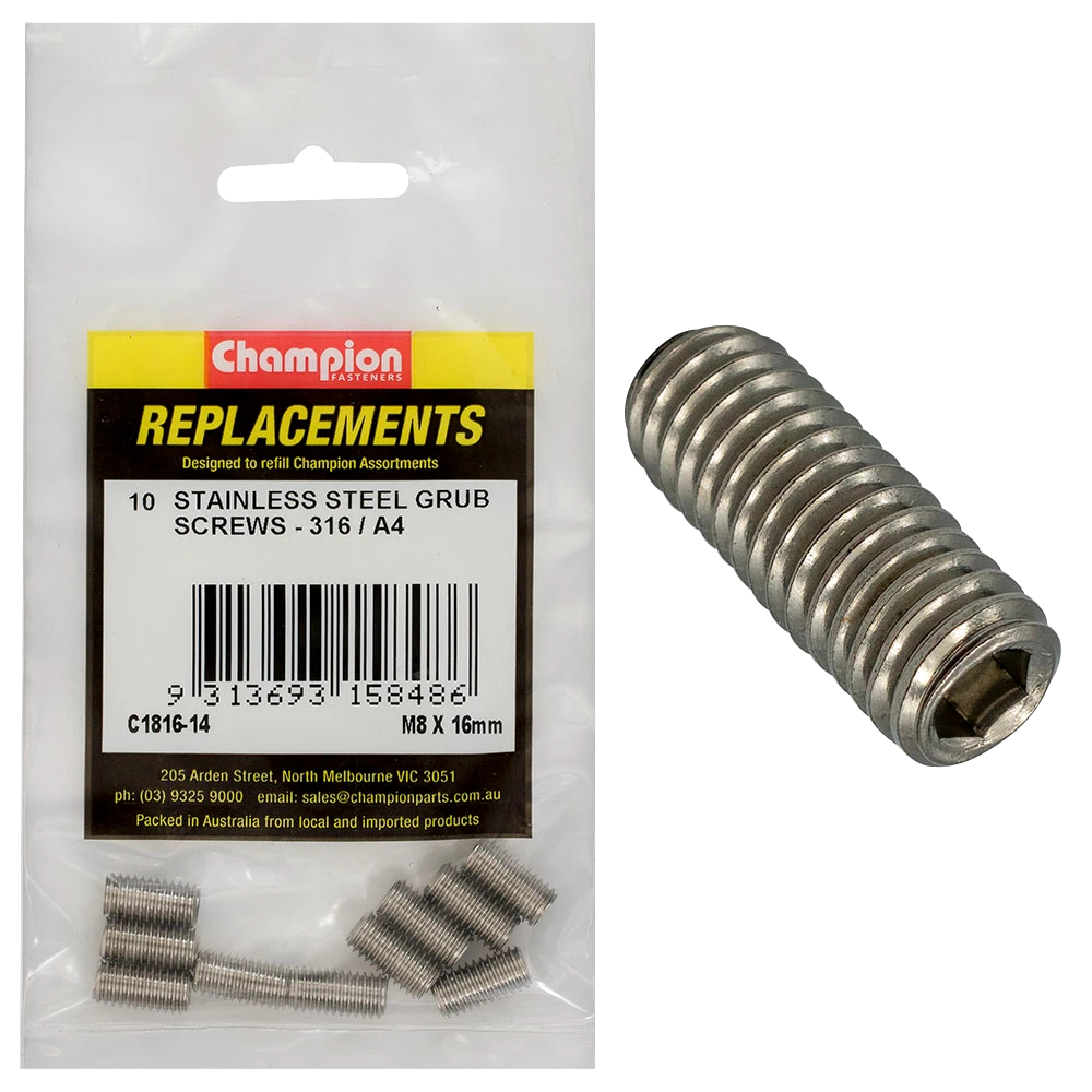 Champion M8 x 16mm Metric Grub Screw 316/A4 -10pk