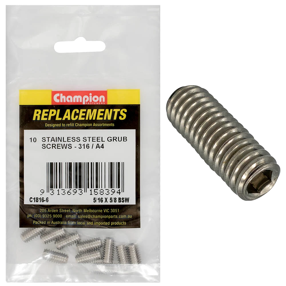 Champion 5/16in x 5/8in BSW Grub Screw 316/A4 -10pk