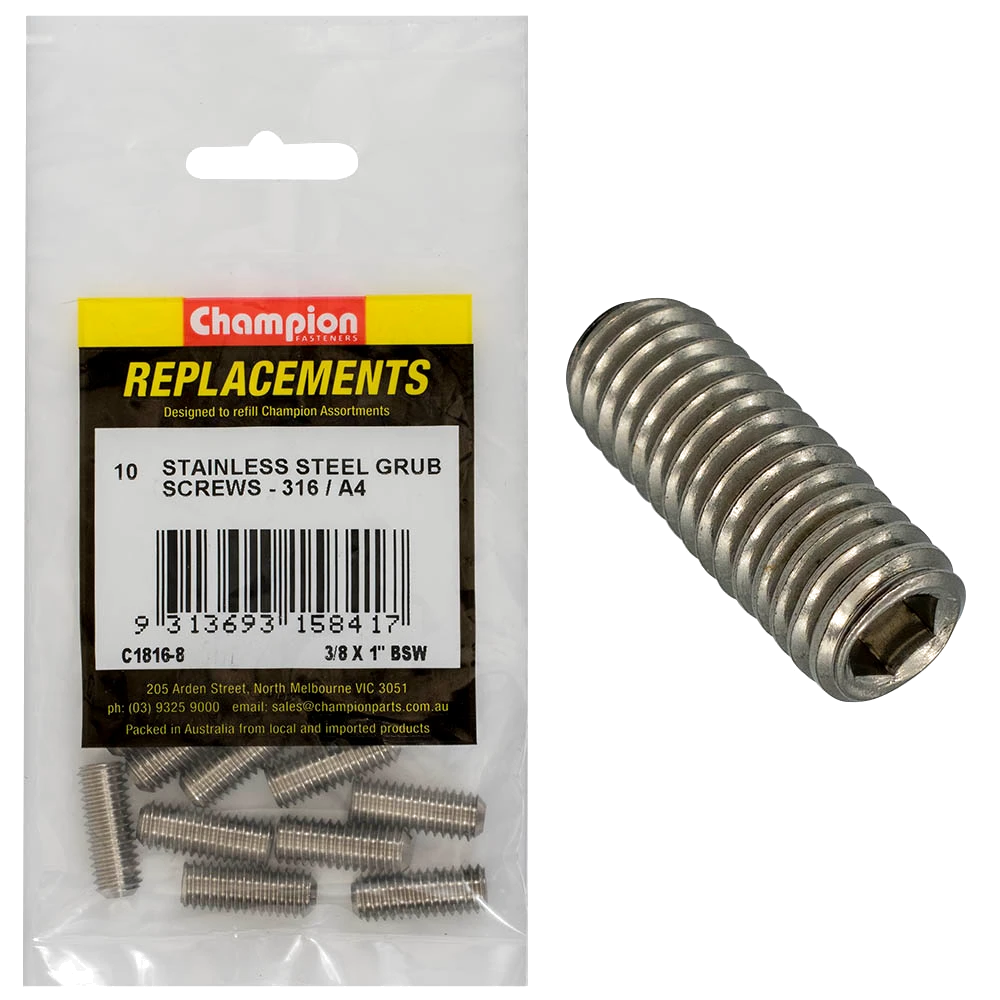 Champion 3/8in x 1in BSW Grub Screw 316/A4 -10pk