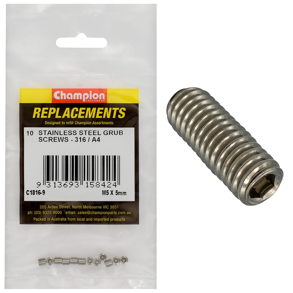 Champion M5 x 5mm Metric Grub Screw 316/A4 -10pk