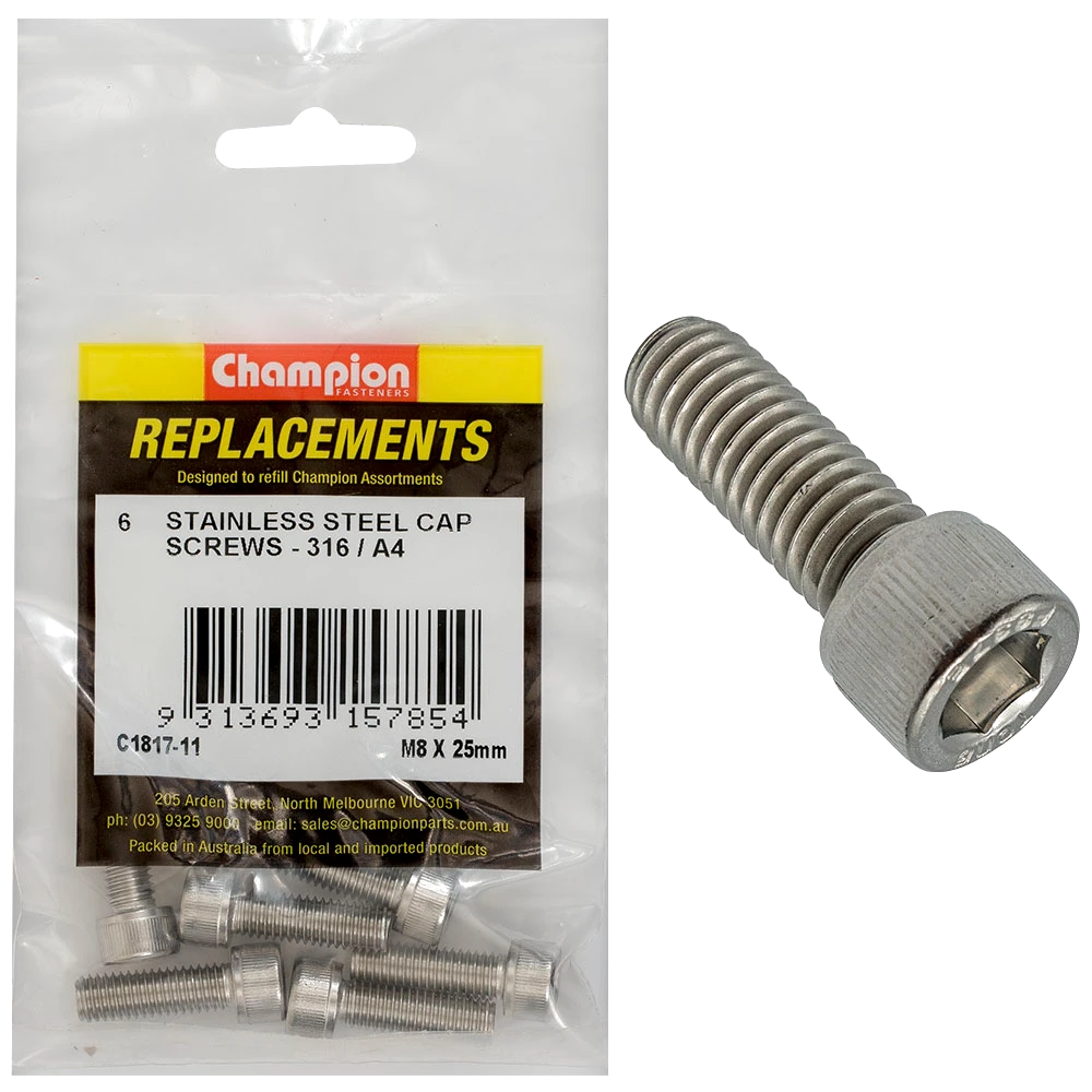 Champion M8 x 25mm Socket Cap Screw 316/A4 -6pk