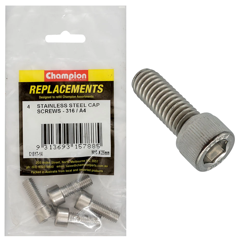 Champion M10 x 25mm Socket Cap Screw 316/A4 -4pk