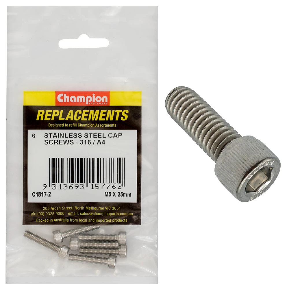 Champion M5 x 25mm Socket Cap Screw 316/A4 -6pk