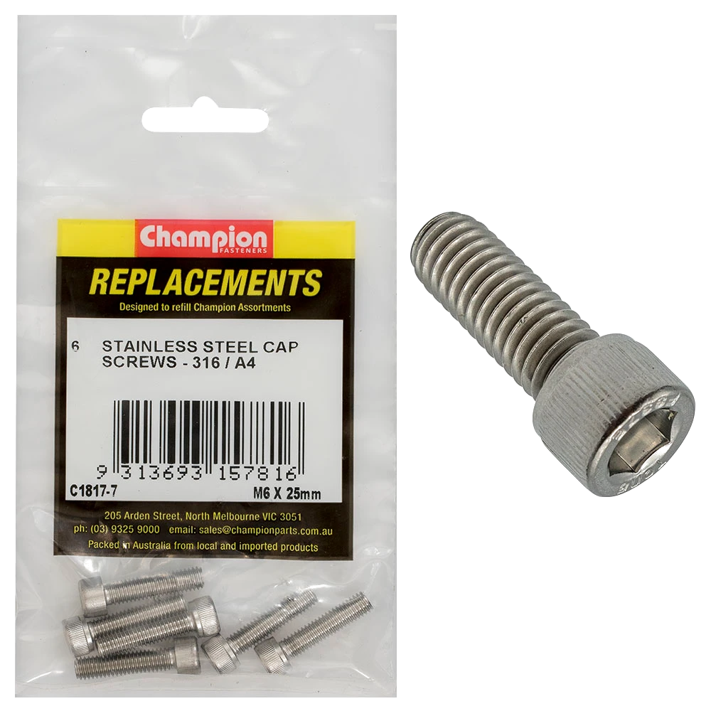 Champion M6 x 25mm Socket Cap Screw 316/A4 -6pk