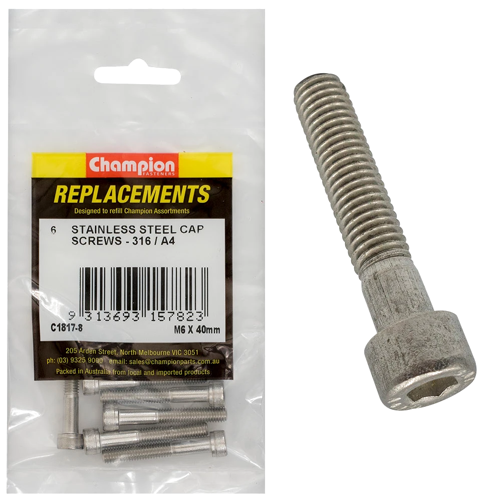 Champion M6 x 40mm Socket Cap Screw 316/A4 -6pk