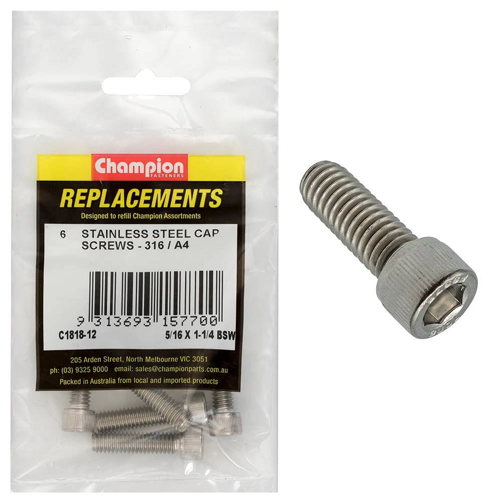 Champion 5/16in x 1-1/4in BSW Socket Cap Screw 316/A4 -6pk
