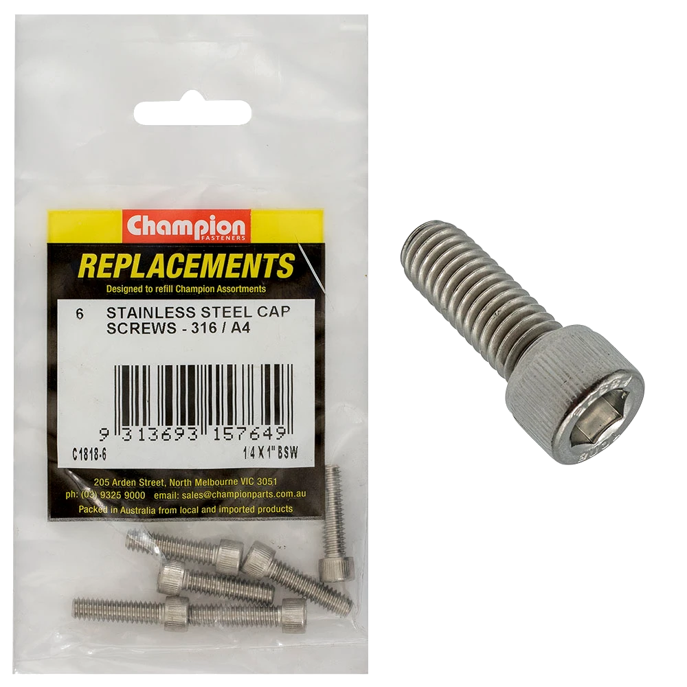 Champion 1/4in x 1in BSW Socket Cap Screw 316/A4 -6pk