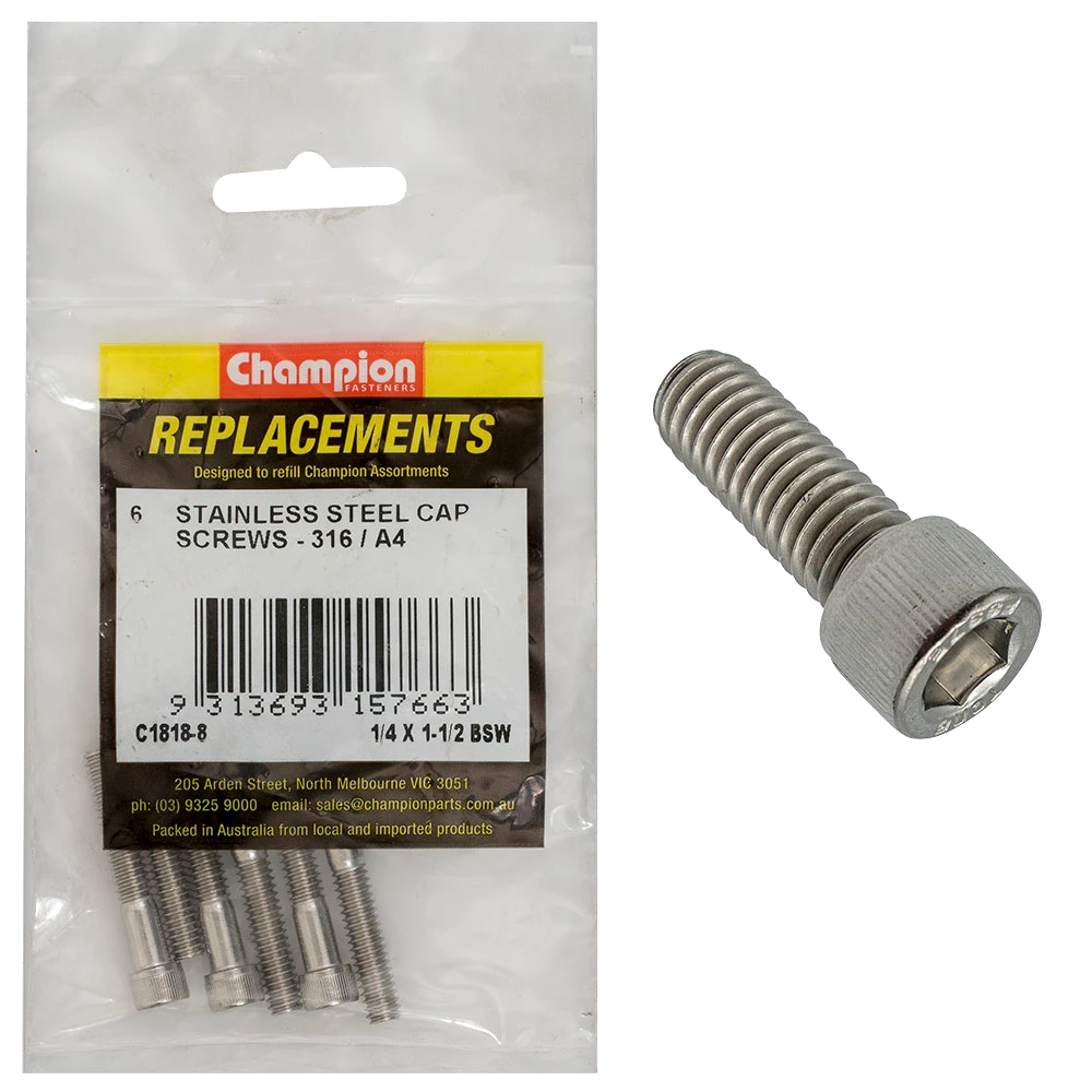 Champion 1/4in x 1-1/2in BSW Socket Cap Screw 316/A4 -6pk