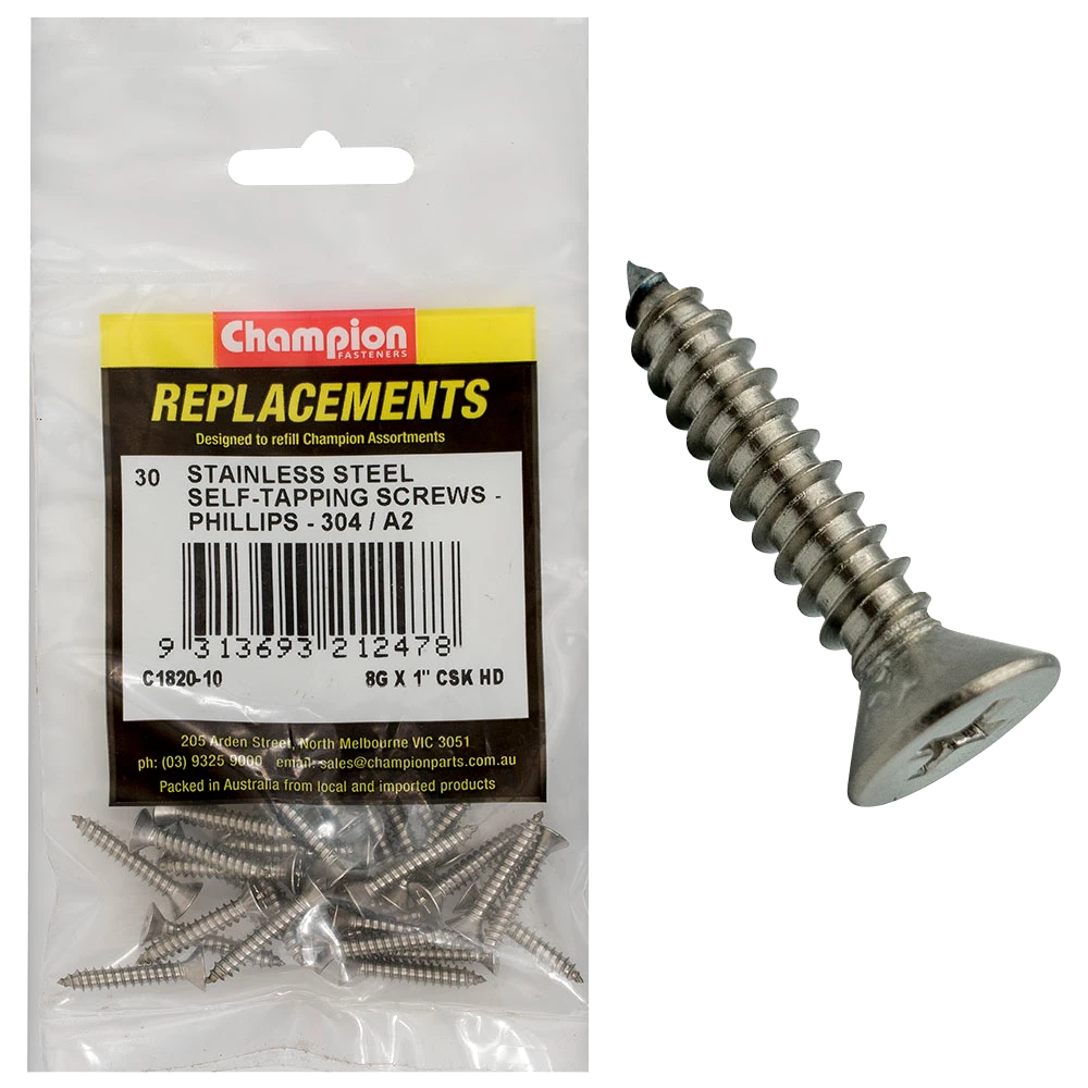 Champion 8G x1in S/Tapping Screw Csk Hd Phillips 304/A2-30pk