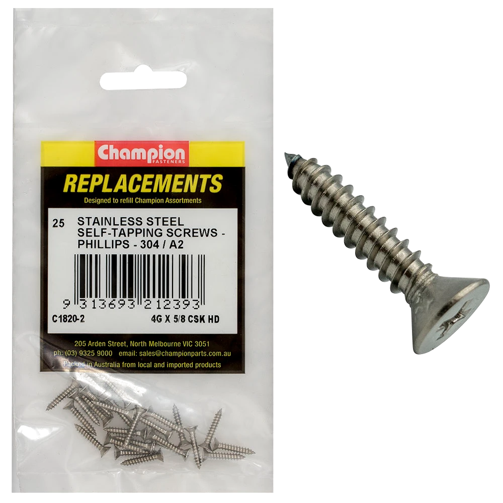 Champion 4G x 5/8 S/Tappg Screw Csk Hd Phillips 304/A2 -25pk