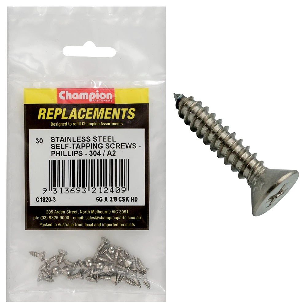 Champion 6G x 3/8 S/Tappg Screw Csk Hd Phillips 304/A2 -30pk