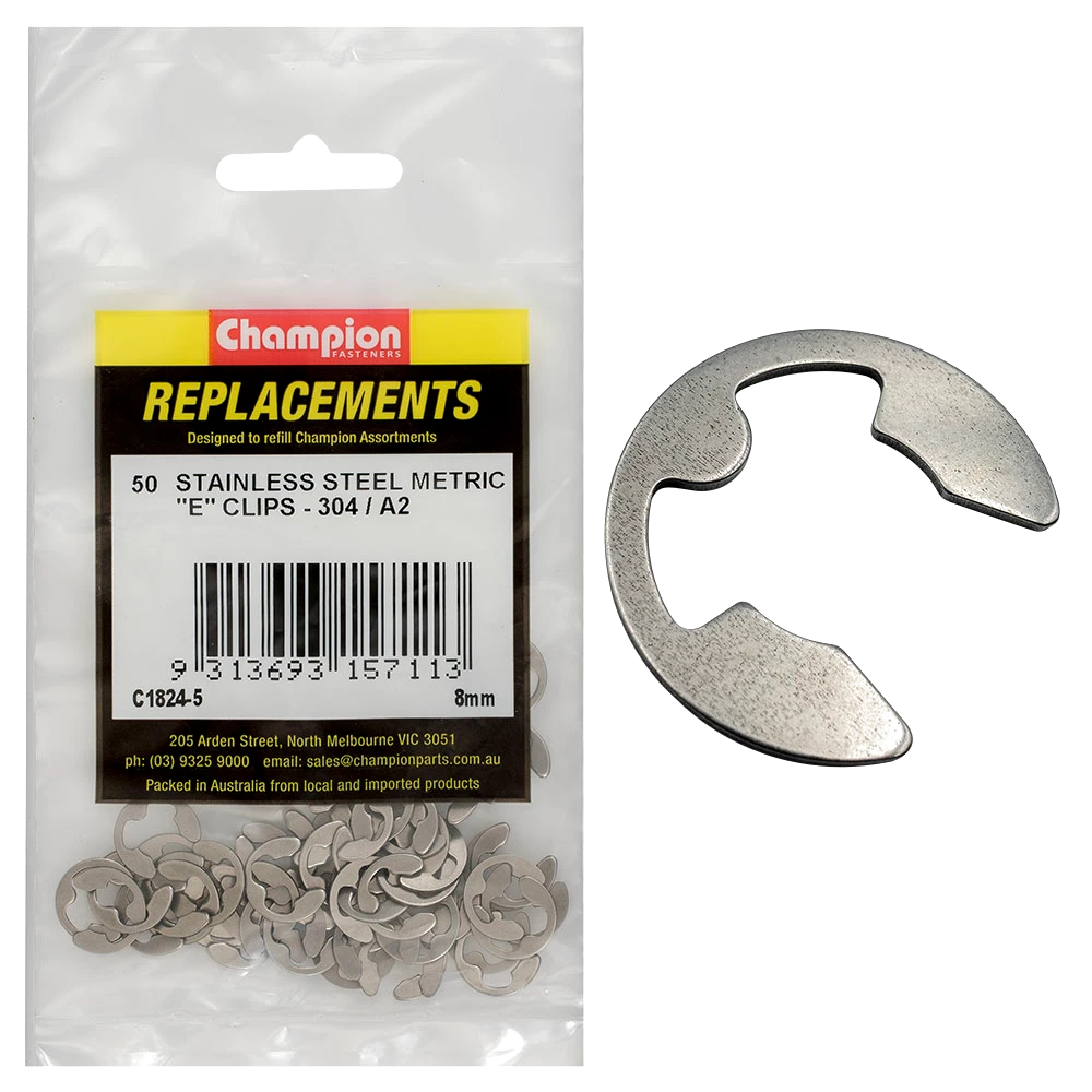 Champion 8mm Stainless E-Clips 304/A2 -50pk
