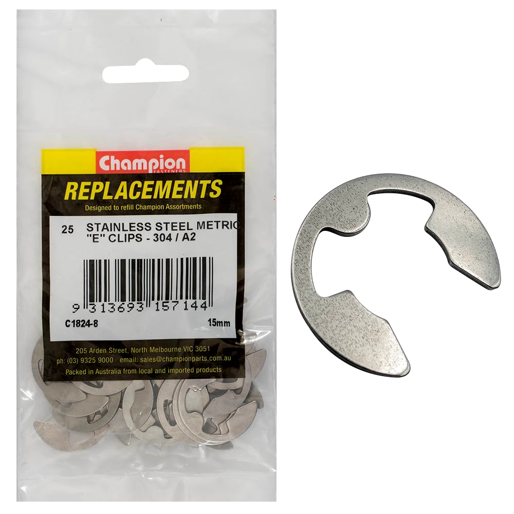 Champion 15mm Stainless E-Clips 304/A2 -25pk