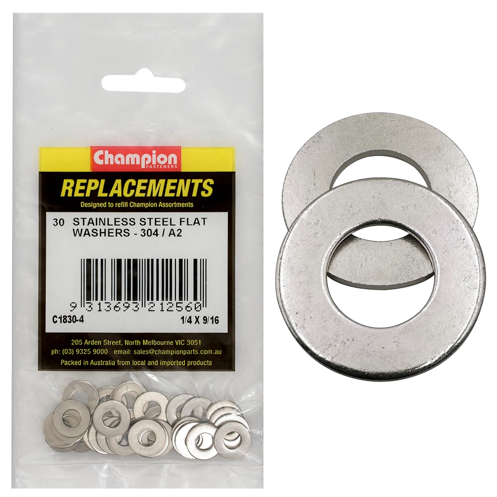 Champion 1/4in x 9/16in Stainless Flat Washer 304/A2 -30pk