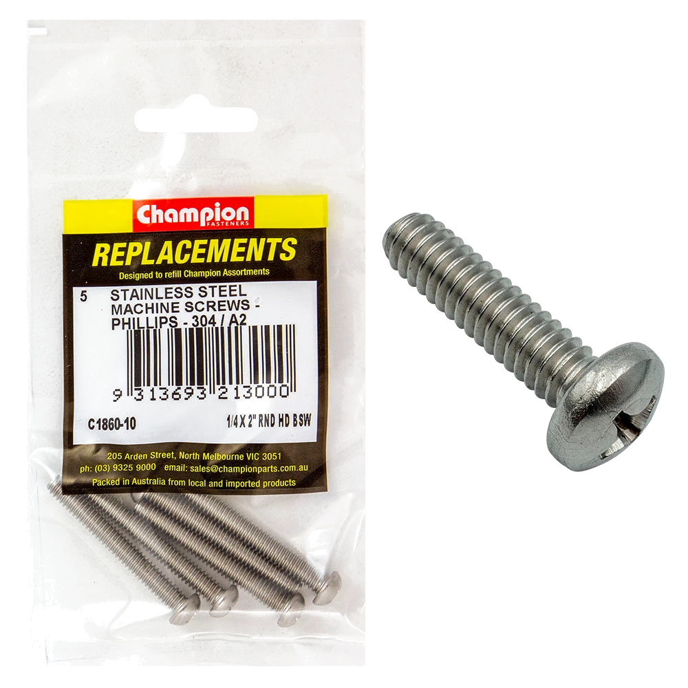Champion 1/4in x 2in BSW Machine Screw Pan Ph 304/A2 -5pk