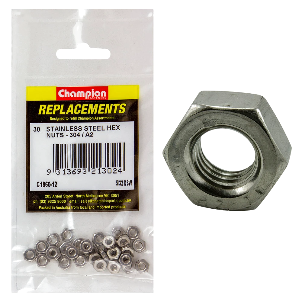 Champion 5/32in BSW Stainless Hex Nut 304/A2 -30pk