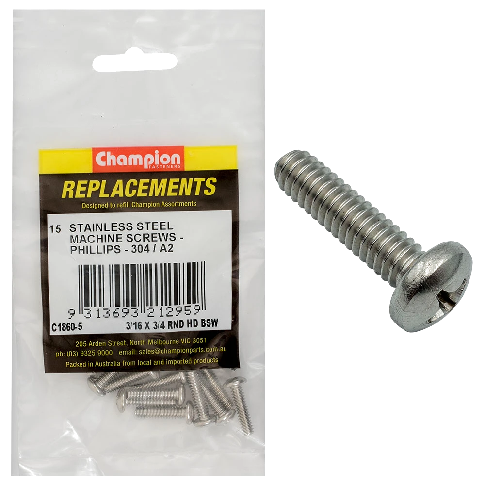 Champion 3/16in x 3/4in BSW Machine Screw Pan Ph 304/A2-15pk
