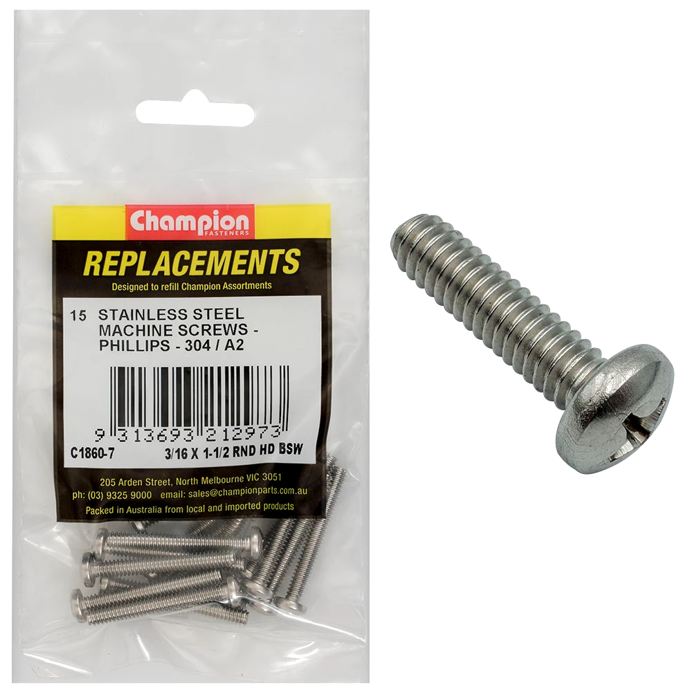 Champion 3/16 x 1-1/2in BSW Machine Screw Pan Ph 304/A2-15pk
