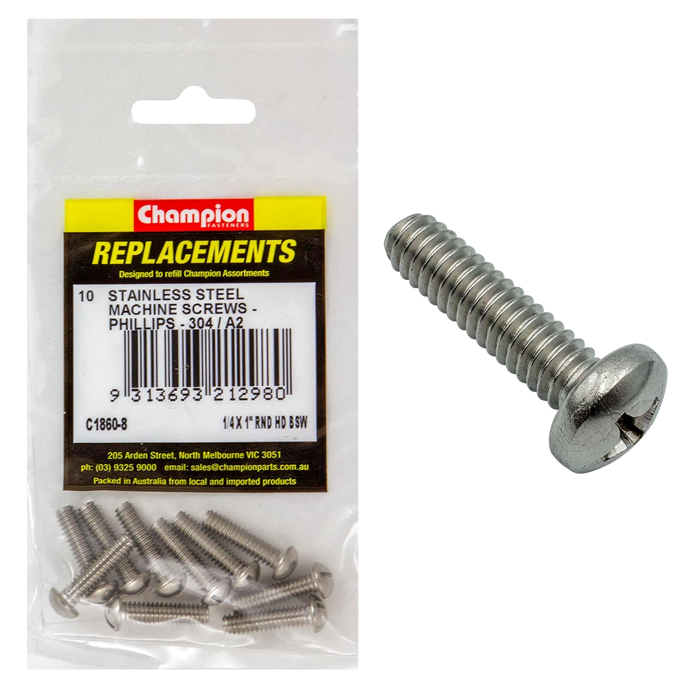 Champion 1/4in x 1in BSW Machine Screw Pan Ph 304/A2 -10pk