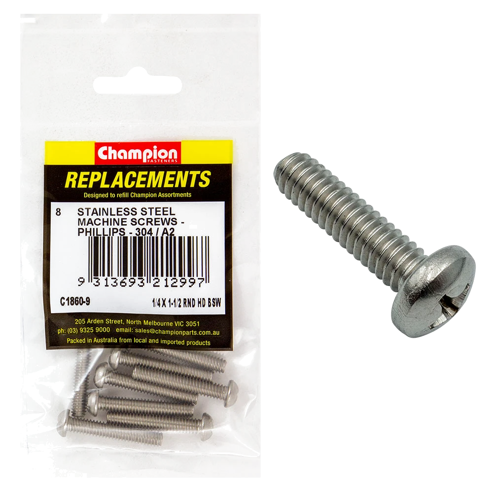 Champion 1/4in x 1-1/2in BSW Machine Screw Pan Ph 304/A2-8pk