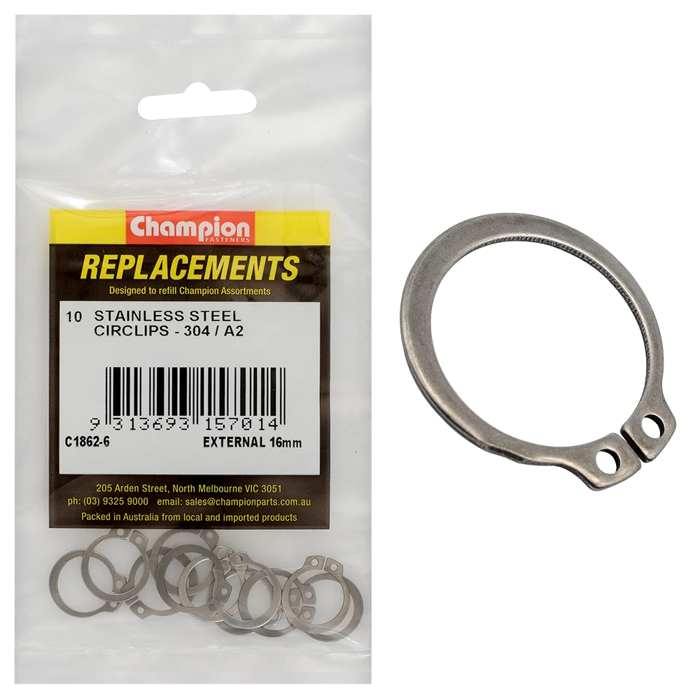 Champion 16mm Stainless External Circlip 304/A2 -10pk