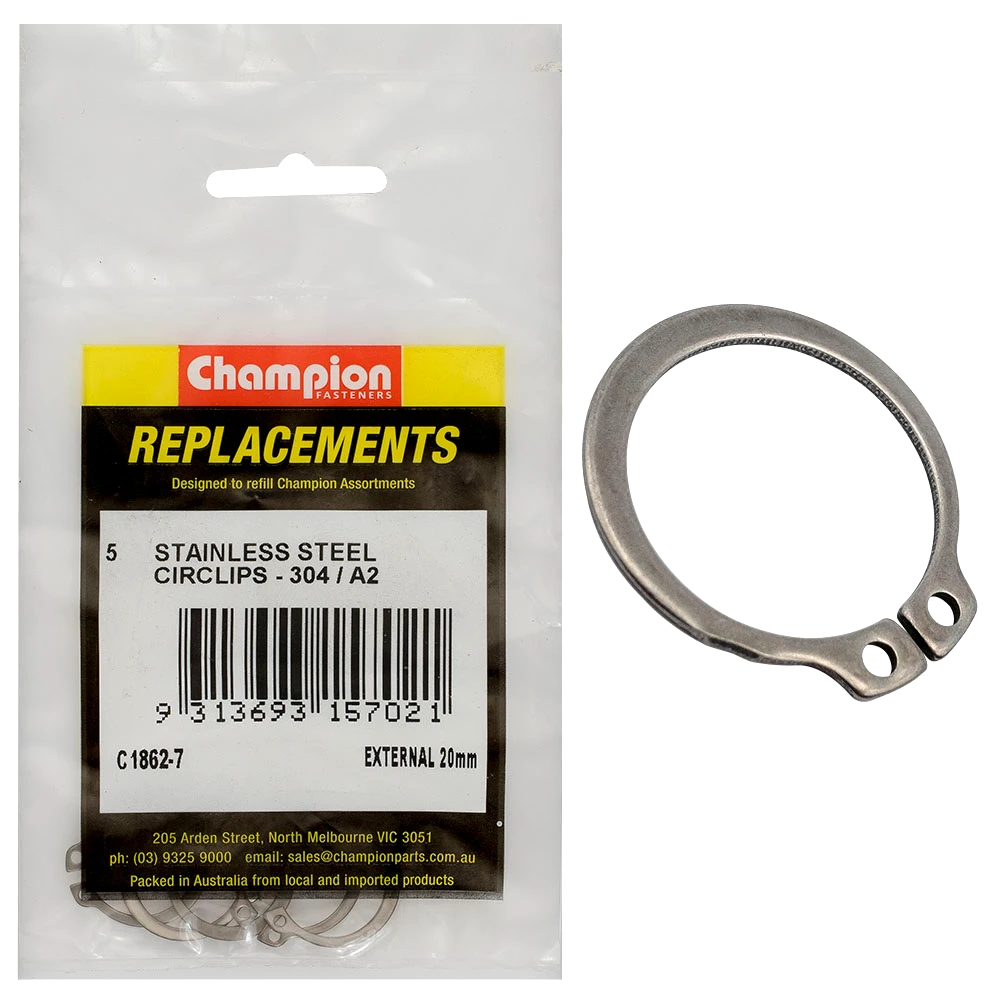 Champion 20mm Stainless External Circlip 304/A2 -5pk