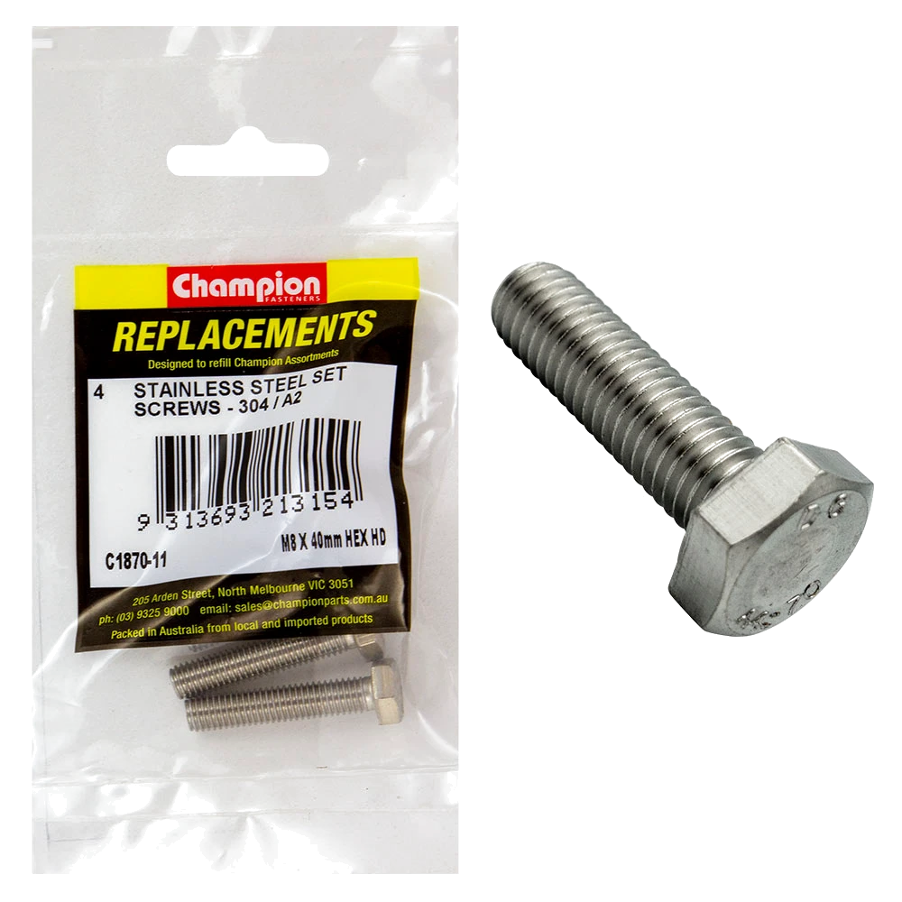 Champion M8 x 40mm Stainless Set Screw 304/A2 -4pk