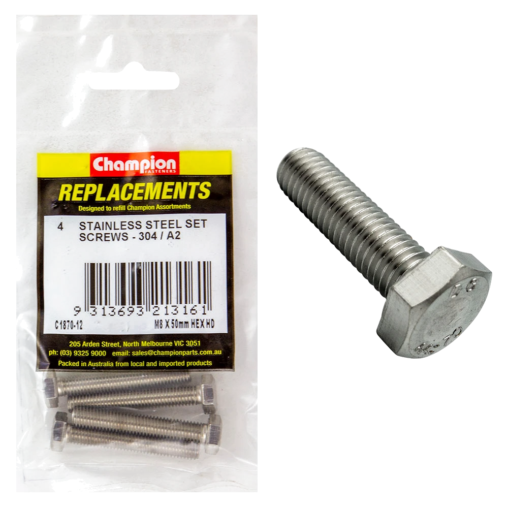 Champion M8 x 50mm Stainless Set Screw 304/A2 -4pk