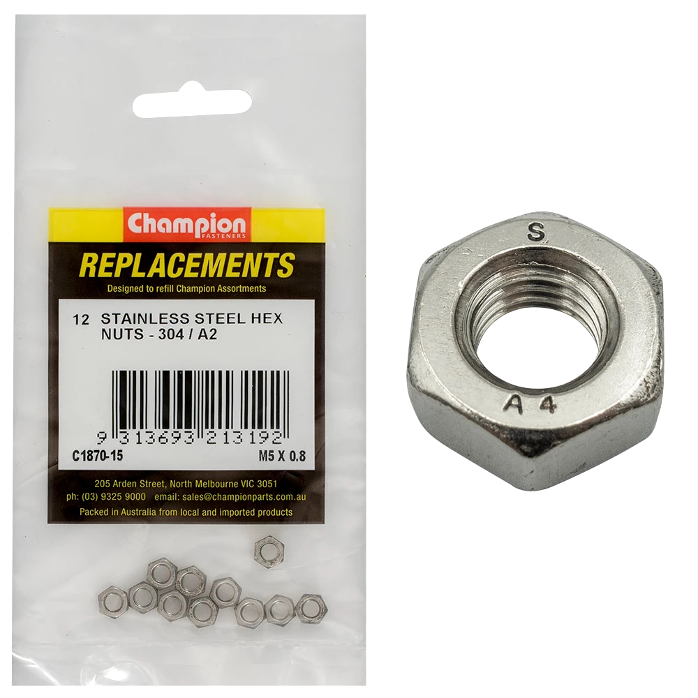 Champion M5 x 0.8 Stainless Hex Nut 304/A2 -12pk