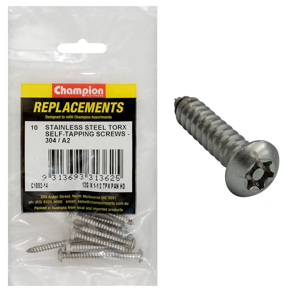 Champion 12G x1-1/2in Self-Tapping Screw Pan Tpx 304/A2-10pk