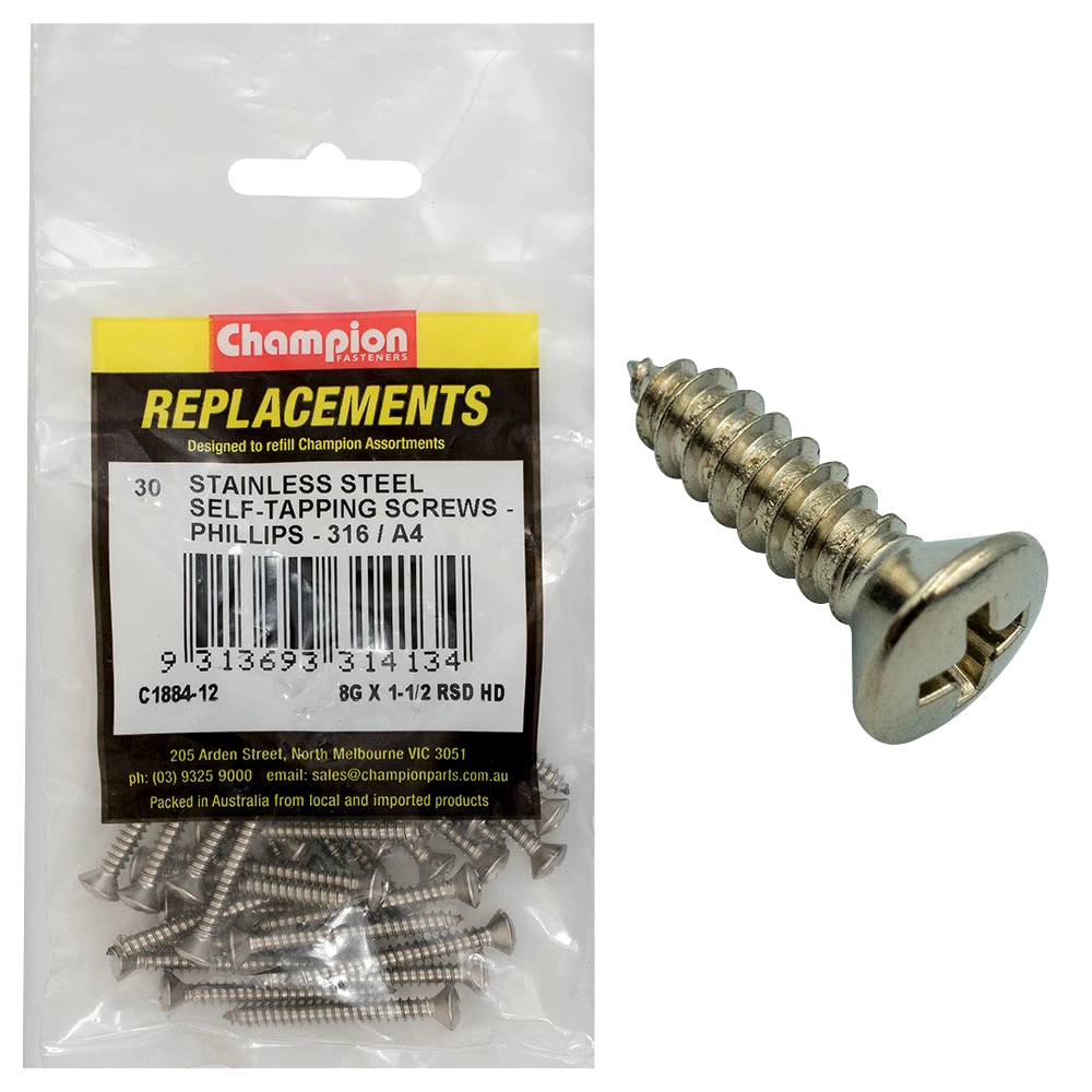 Champion 8G x 1-1/2in S/Tapping Screw -Rsd -Ph -316/A4 -30pk